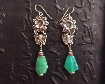 Chrysoprase and sterling silver earrings, boho chic bohemian eclectic handmade artisan dangle gypsy folk art flowers angels Mexican rustic