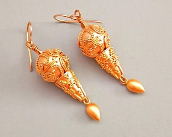 Pendientes colgantes de granulado vermeil de 24 k, estilo bohemio artesanal