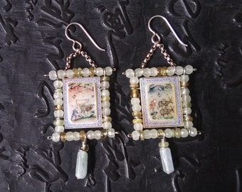 Persian miniature paintings on mother of pearl, aquamarine, serpentine.   Lightweight for the size.  Boho chic artisan future relic earrings