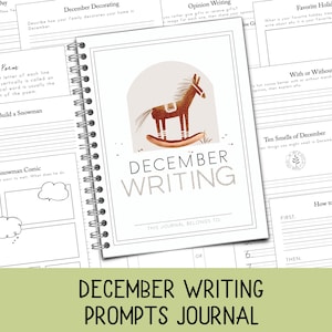 Może przedstawiać: Spiralnie oprawiony dziennik z napisem "DECEMBER WRITING" na okładce, z ilustracją brązowego konia na biegunach. Dziennik zawiera podpowiedzi do pisania i tekst "DECEMBER WRITING PROMPTS JOURNAL".