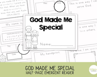 Dieu m'a rendu spécial | Christian Emergent Reader imprimable | Mini livre d'une demi-page pour le préscolaire, l'école à la maison, l'école du dimanche et leçon de la Bible