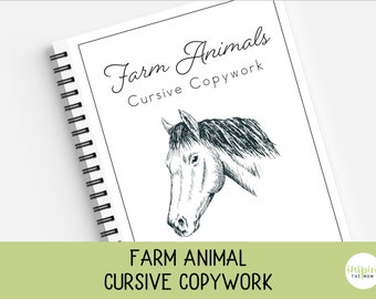 Puede incluir: Una ilustración en blanco y negro de la cabeza de un caballo sobre un fondo blanco. El texto "Farm Animals Cursive Copywork" está escrito en letra cursiva negra sobre la ilustración.