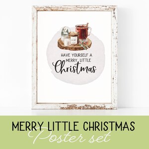 May include: A watercolor illustration of a winter scene with a mug of hot cocoa, a snow globe, and a candle on a wooden tray. The text "Have yourself a merry little Christmas" is written below the illustration.
