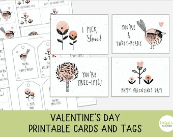 Op de afbeelding: Printbare Valentijnsdagkaarten en -labels met schattige illustraties van vogels, bloemen en bomen. De kaarten hebben berichten zoals "Je bent een schatje" en "Ik kies jou!"