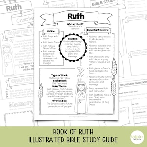 Puede incluir: Gu&iacute;a de estudio b&iacute;blico ilustrada en blanco y negro para el Libro de Rut. La gu&iacute;a incluye un esquema, eventos importantes y preguntas de discusi&oacute;n. El t&iacute;tulo "Book of Ruth Illustrated Bible Study Guide" est&aacute; en la parte inferior.