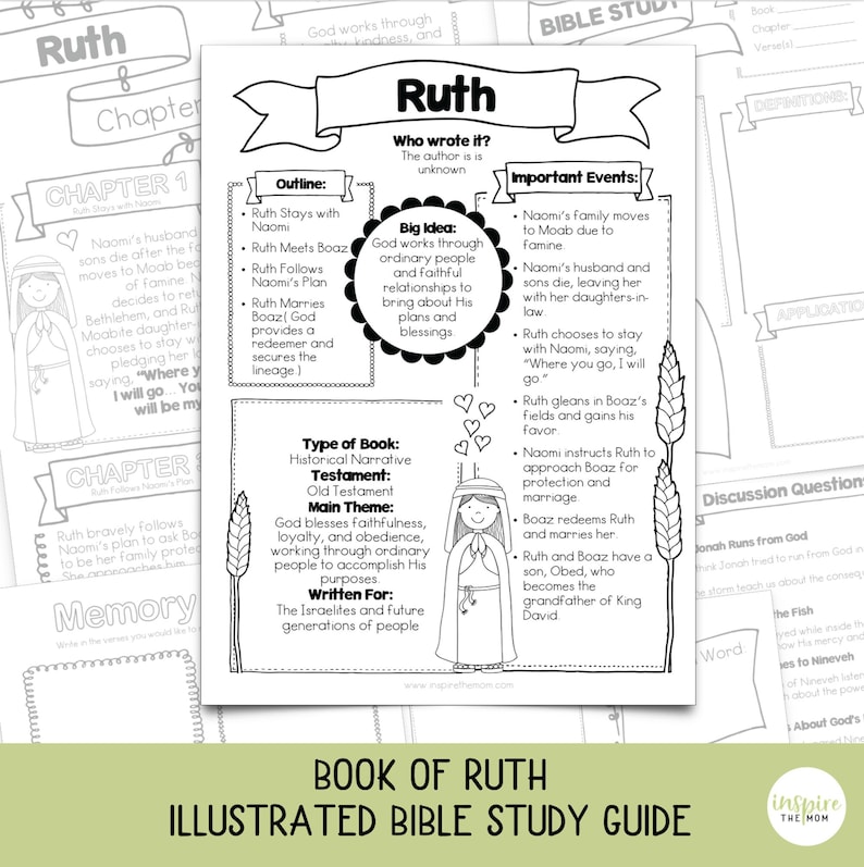 Puede incluir: Gu&iacute;a de estudio b&iacute;blico ilustrada en blanco y negro para el Libro de Rut. La gu&iacute;a incluye un esquema, eventos importantes y preguntas de discusi&oacute;n. El t&iacute;tulo "Book of Ruth Illustrated Bible Study Guide" est&aacute; en la parte inferior.