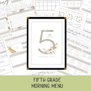 May include: A framed "5th Grade Morning Menu" print with a gold border. The number 5 is in a silver glitter font, with floral accents. Surrounding the print are various educational worksheets and a green banner that reads "FIFTH GRADE MORNING MENU".