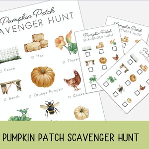 May include: Printable pumpkin patch scavenger hunt game with a checklist of items to find, including a fence, hay, a flower, a bench, an orange pumpkin, a chicken, and a bee. The game is perfect for a fall party or a fun activity for kids.