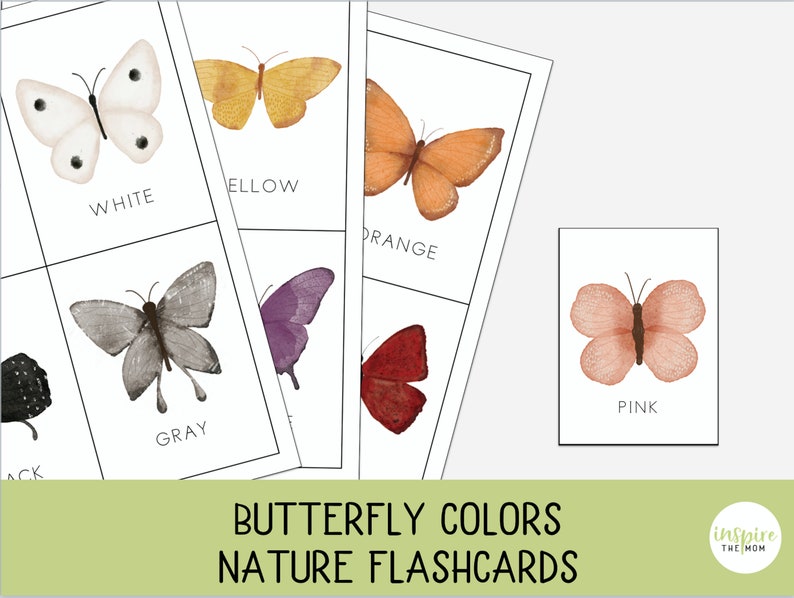 May include: A set of butterfly flashcards featuring different colored butterflies. The colors include white, yellow, orange, gray, purple, red, and pink. The flashcards are labeled with the color of the butterfly. The text "Butterfly Colors Nature Flashcards" is at the bottom of the image.