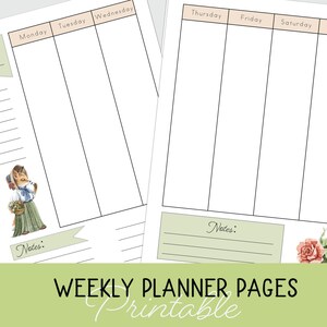 May include: Printable weekly planner pages with a floral design. The pages are divided into sections for each day of the week, with space for notes. The text "Week" is at the top of the page.