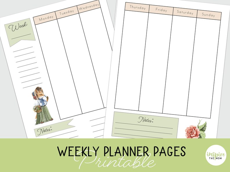 May include: Printable weekly planner pages with a floral design. The pages are divided into sections for each day of the week, with space for notes. The text "Week" is at the top of the page.