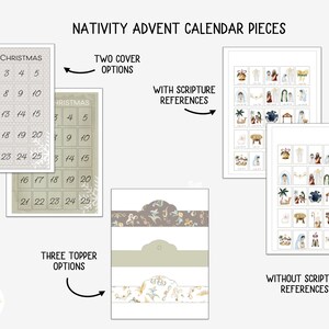 May include: A printable Nativity Advent Calendar with two cover options, three topper options, and two sets of 25 illustrated squares. One set includes scripture references and the other does not.