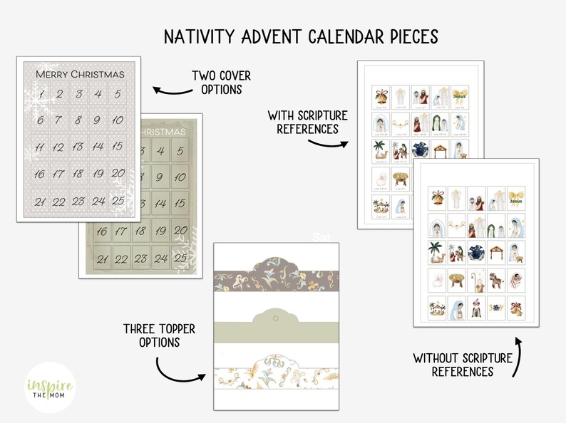 May include: A printable Nativity Advent Calendar with two cover options, three topper options, and two sets of 25 illustrated squares. One set includes scripture references and the other does not.