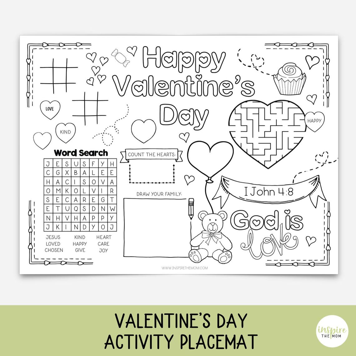 Valentine's Day Activity Placemat for Kids | Bible Activity Sheet ...