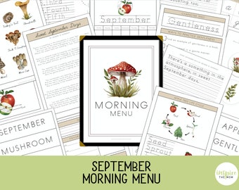 May include: A printable worksheet set for September with a fall theme. The worksheets include a morning menu, a life cycle of an apple tree, a word search for the word "September" and "mushroom", and a writing prompt about gentleness. The worksheets are decorated with illustrations of mushrooms, apples, and leaves.