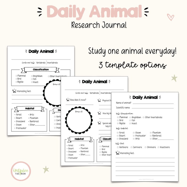 May include: Three white paper research journal templates titled Daily Animal. Each page features black text and checkboxes for classification, habitat, diet, and interesting facts, with space for drawings. The text reads Daily Animal Research Journal.