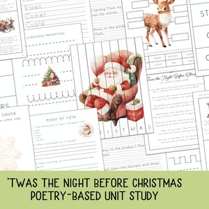May include: A set of printable educational worksheets for children featuring a Christmas theme. The worksheets include activities such as tracing letters, word searches, and coloring pages. The worksheets are based on the poem 'Twas the Night Before Christmas'.