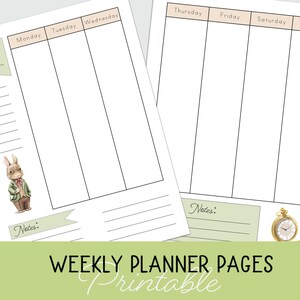 May include: Printable weekly planner pages with a cute bunny illustration and a pocket watch graphic. The planner has space for notes and a section for each day of the week.