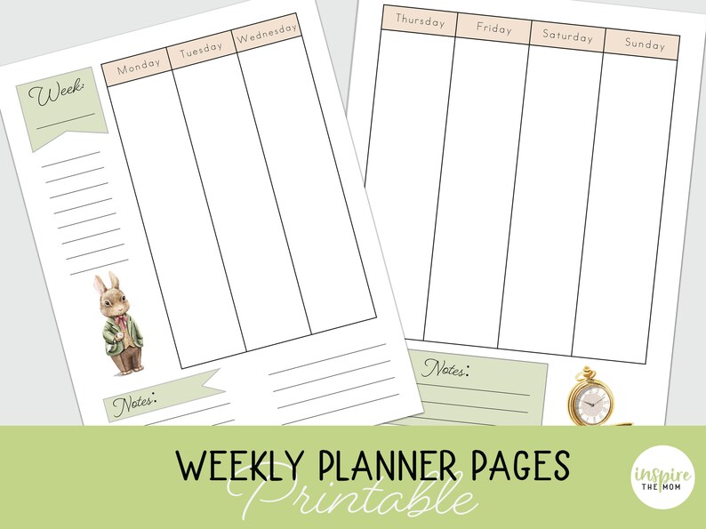 May include: Printable weekly planner pages with a cute bunny illustration and a pocket watch graphic. The planner has space for notes and a section for each day of the week.