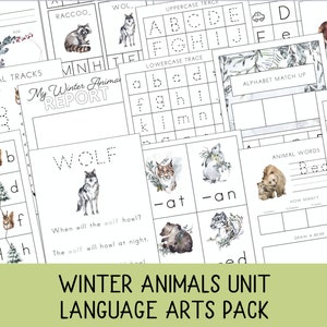 May include: A printable pack of educational worksheets for kids featuring winter animals. The worksheets include tracing letters, matching letters, writing words, and counting. The worksheets are decorated with watercolor illustrations of animals like a wolf, raccoon, bear, and fox.