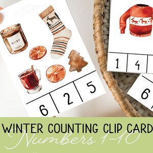 Tarjetas de clip de conteo de invierno preescolar, números 1-10, preescolar de invierno, actividad de conteo preescolar, clips de pinza de ropa, conteo de invierno