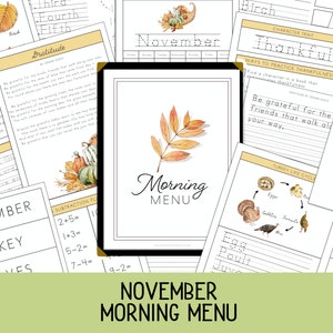 Pode incluir: Uma coleção de materiais educativos para impressão com tema de outono. A imagem central é um "Menu da Manhã" com um design de folha em aquarela. Outras páginas incluem atividades de "Gratidão" e "Ciclo de Vida do Peru". O texto "November Morning Menu" está na parte inferior.
