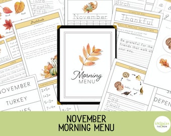 Morning Menu pages for November, Homeschool Printable, Morning Time, Fall Morning Basket, Charlotte Mason, Classical, November Morning Menu