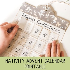May include: A printable Nativity Advent calendar with a beige background and a floral pattern. The calendar has 25 numbered squares with a small white square behind each number. The text "Merry Christmas" is printed at the top of the calendar.