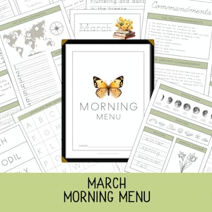 Ochtendmenupagina&#39;s voor maart, Homeschool afdrukbaar, ochtendtijd, ochtendmand, kalenderpagina&#39;s, maart, Charlotte Mason, klassiek,