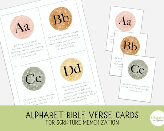 Alphabet Bible Verse Cards for Scripture Memorization, Bible Activity, Sunday school, ABC Bible flashcards, Bible for Kids, Scripture cards