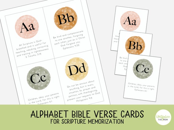 Alphabet Bible Verse Cards for Scripture Memorization, Bible Activity, Sunday school, ABC Bible flashcards, Bible for Kids, Scripture cards
