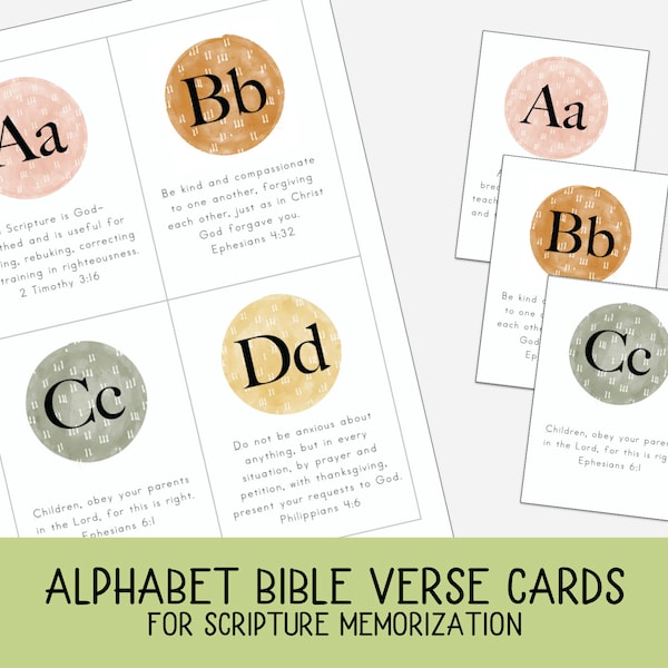 Alphabet Bible Verse Cards for Scripture Memorization, Bible Activity, Sunday school, ABC Bible flashcards, Bible for Kids, Scripture cards
