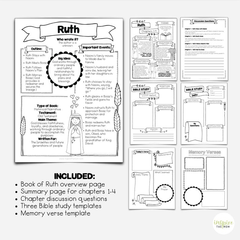 Puede incluir: Una gu&iacute;a de estudio ilustrada en blanco y negro para el Libro de Rut, que incluye una p&aacute;gina de resumen, res&uacute;menes de cap&iacute;tulos, preguntas de discusi&oacute;n y plantillas. La gu&iacute;a presenta texto e ilustraciones.