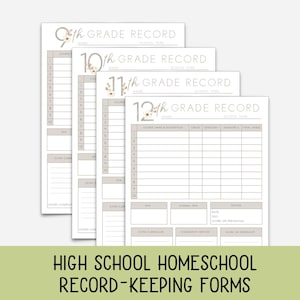 May include: A set of four high school grade record forms for 9th, 10th, 11th, and 12th grades. Each white paper sheet features a floral accent, a table for course names, credits, semester grades, and sections for GPA, testing, and extracurriculars.