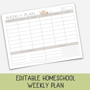 May include: A white weekly plan template with a floral design at the top. The plan includes sections for subjects, days of the week, and lessons. The text "EDITABLE HOMESCHOOL WEEKLY PLAN" is at the bottom.
