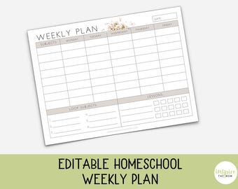 Página de plan semanal editable para educación en casa / Planificador de horarios semanales / Rutina diaria / Asignaturas principales y recurrentes / Seguimiento de lecciones / Editar e imprimir PDF