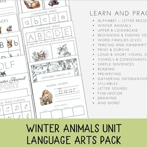 May include: A printable pack of educational worksheets for kids featuring winter animals. The worksheets include activities like tracing letters, matching letters, writing animal names, and more. The pack is titled "Winter Animals Unit Language Arts Pack".
