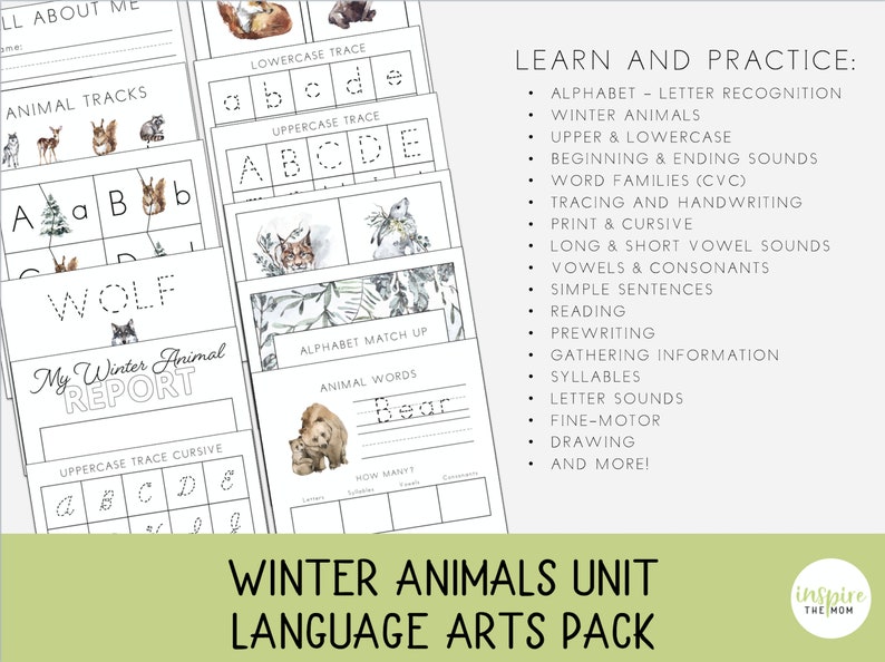 May include: A printable pack of educational worksheets for kids featuring winter animals. The worksheets include activities like tracing letters, matching letters, writing animal names, and more. The pack is titled "Winter Animals Unit Language Arts Pack".