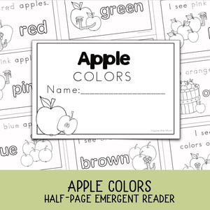 May include: Black and white illustrated educational material titled "Apple Colors". The pages feature apple illustrations and color words like "red", "green", and "pink". The central page has space for a name.