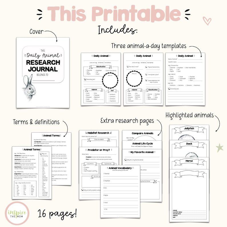 May include: A 16-page printable daily animal research journal featuring a cover with a rabbit illustration, three daily animal templates, animal terms and definitions, extra research pages, and highlighted animal sheets for jellyfish, ducks, and horses.