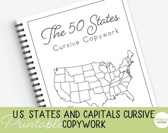 U.S. States and Capitals Cursive Copywork, Homeschool Printable, Classical and Charlotte Mason, States and Capitals Copy Work, Cursive