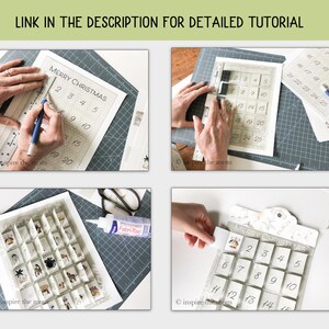 May include: A step-by-step guide on how to make a DIY advent calendar. The image shows four steps: cutting out the calendar squares, gluing the squares together, adding numbers to the squares, and assembling the final calendar. The calendar is decorated in a white and grey colour scheme and features a "Merry Christmas" title.