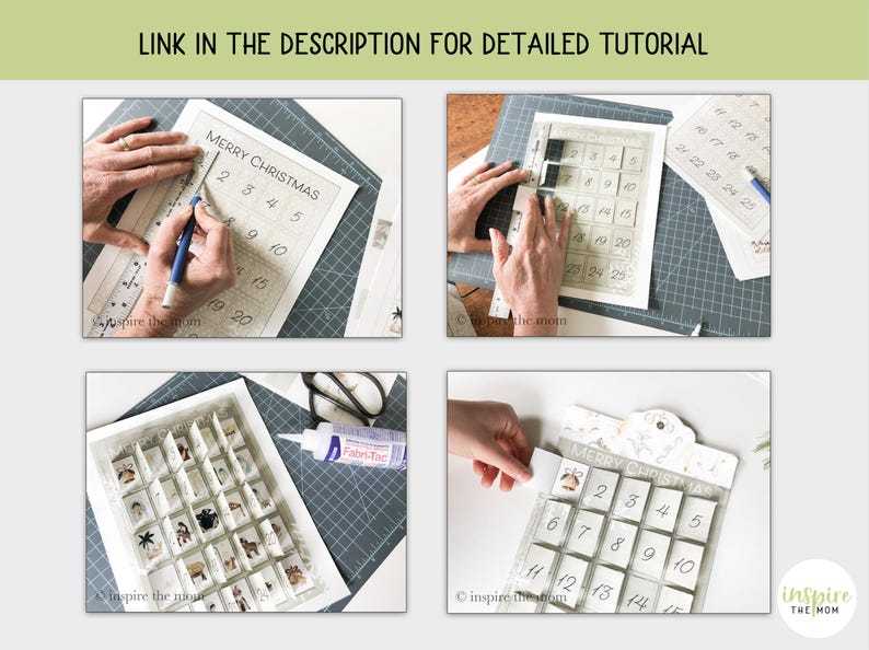 May include: A step-by-step guide on how to make a DIY advent calendar. The image shows four steps: cutting out the calendar squares, gluing the squares together, adding numbers to the squares, and assembling the final calendar. The calendar is decorated in a white and grey colour scheme and features a "Merry Christmas" title.