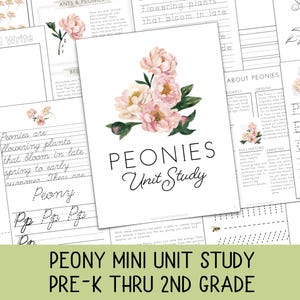 May include: A printable peony unit study for preschool, kindergarten, and first grade students. The unit includes activities such as drawing, writing, and coloring. The unit also includes a page with information about peonies, including their origins, pollinators, and varieties.