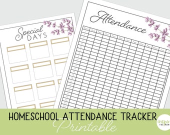 May include: Printable homeschool attendance tracker with a floral design. The tracker includes a section for special days and a calendar grid for each month of the year.