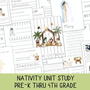 May include: A printable set of educational worksheets for children to learn about the Nativity story. The worksheets feature a variety of activities, including tracing letters, colouring, and writing. The worksheets are designed for children in pre-K through 4th grade.