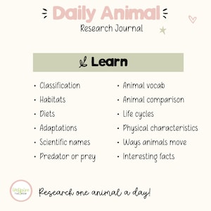 May include: A Daily Animal Research Journal page with a Learn section listing topics including classification, habitats, diets, adaptations, scientific names, predator or prey, animal vocab, comparison, life cycles, physical characteristics, and facts.