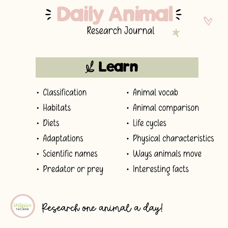 May include: A Daily Animal Research Journal page with a Learn section listing topics including classification, habitats, diets, adaptations, scientific names, predator or prey, animal vocab, comparison, life cycles, physical characteristics, and facts.