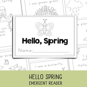 Puede incluir: Libro de lectura en blanco y negro titulado "¡Hola, primavera!" con ilustraciones con temas de primavera. La portada presenta una mariposa y el texto "Hola, primavera" con un espacio para un nombre. Otras páginas muestran dibujos de hierba, lluvia, sol, pájaros y una mariposa.