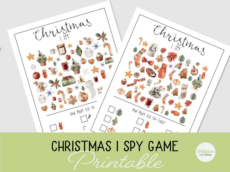 May include: Two printable Christmas I Spy game sheets featuring a watercolour illustration of Christmas items. The sheets have a title that says "Christmas I Spy" and a section to count how many items you can find.
